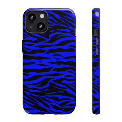 Back side of a sleek glossy smartphone case with a vibrant blue wild tiger print pattern for iphone galaxy s and pixel phones