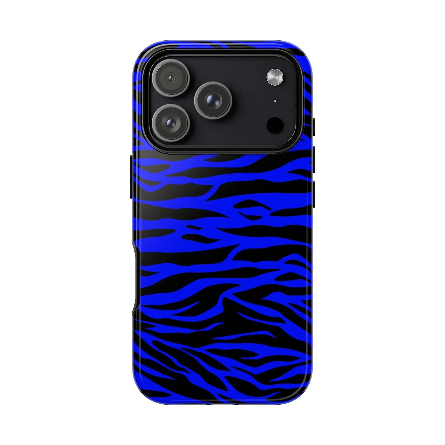 Blue wild tiger print phone case cover with vibrant blue and black zebra stripes and sleek protective design back view