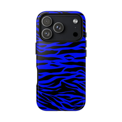 Blue wild tiger print phone case cover with vibrant blue and black zebra stripes and sleek protective design back view