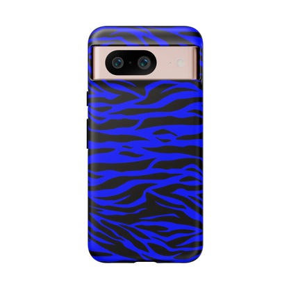 Blue wild tiger print phone case cover for iPhone Galaxy and Pixel with vibrant blue and black glossy finish back side