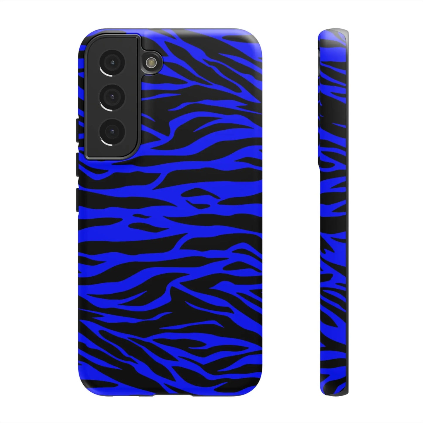 Vibrant blue wild tiger print phone case cover with black stripes for samsung galaxy s21 back view