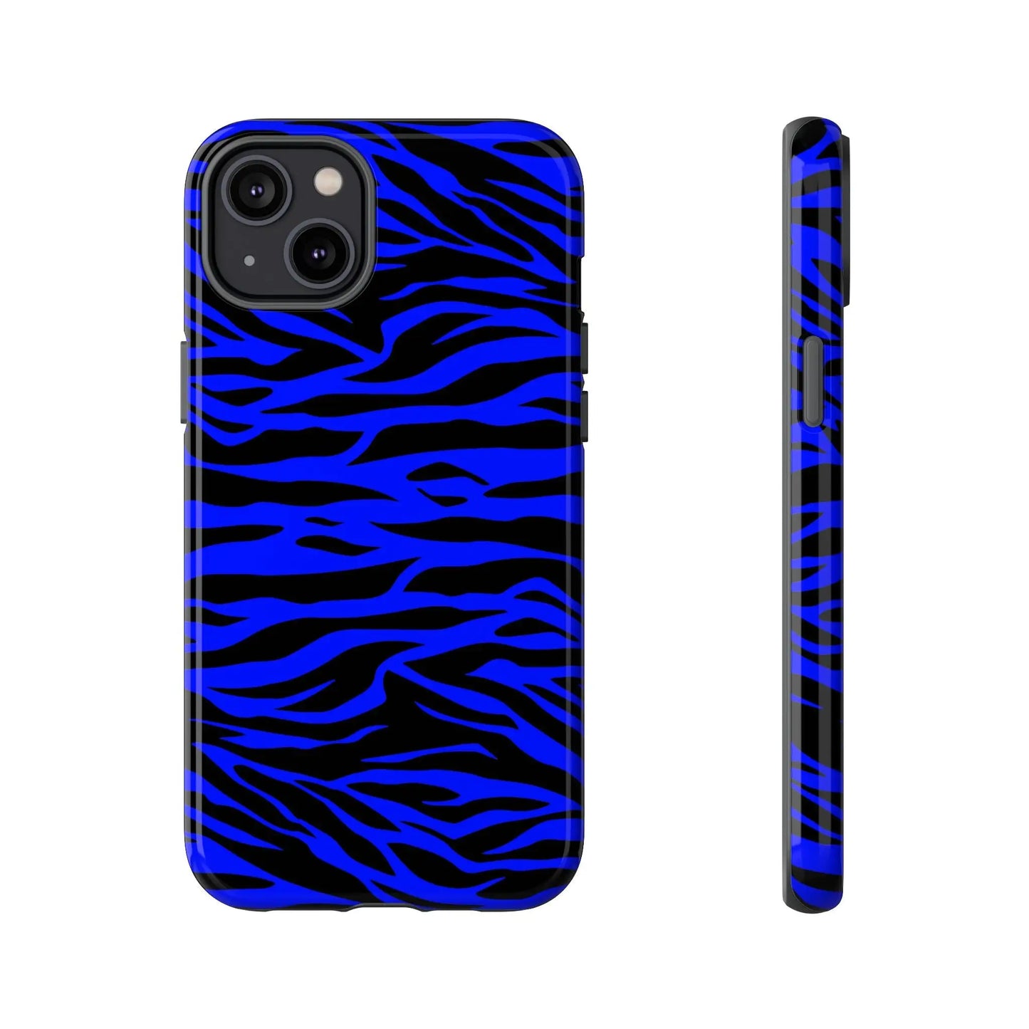 Blue wild tiger print phone case cover for iPhone Galaxy and Pixel with vibrant blue and black zebra-striped design back view