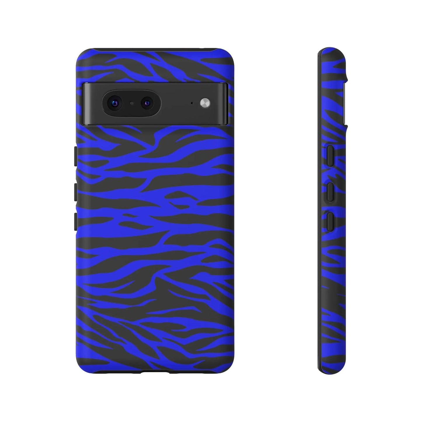Back side of a sleek protective phone case with a blue wild tiger print pattern for iphone galaxy s and pixel phones
