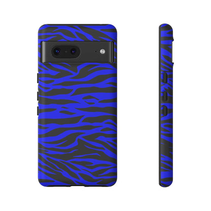 Back side of a sleek protective phone case with a blue wild tiger print pattern for iphone galaxy s and pixel phones