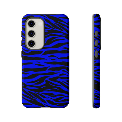 Back side of a sleek protective phone case with a vibrant blue wild tiger print pattern for iPhone Galaxy s and Pixel phones