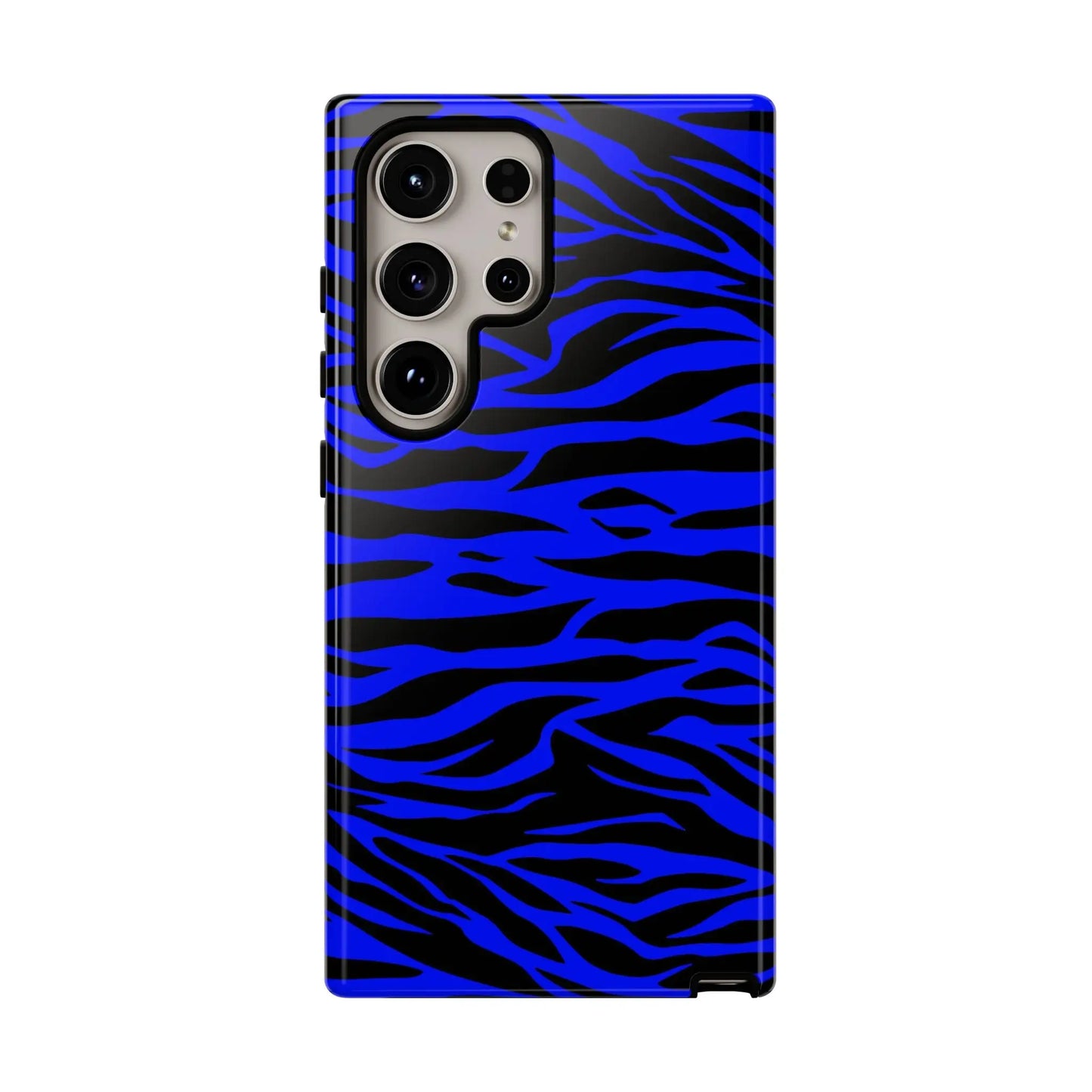 Back side of a vibrant blue wild tiger print phone case for samsung galaxy s21 ultra with wild tiger print design
