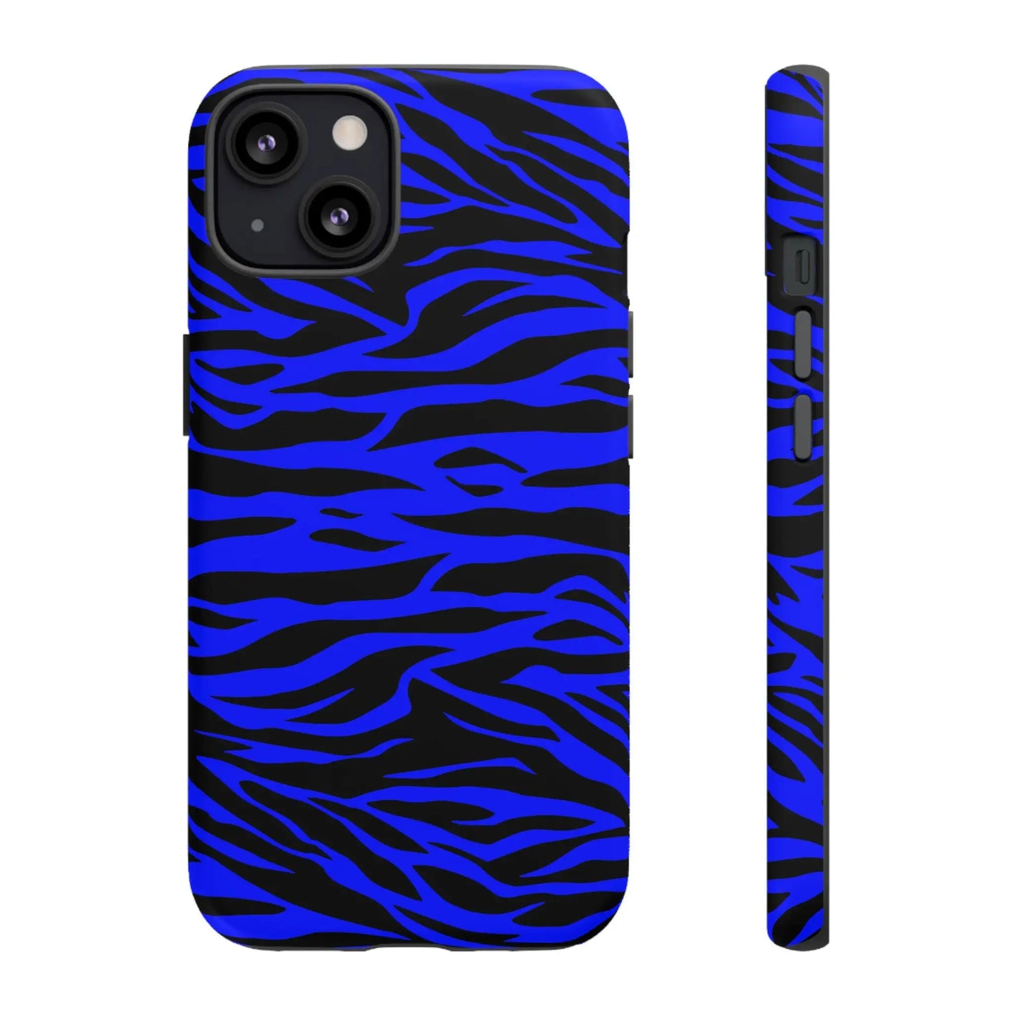 Blue wild tiger print phone case cover for iphone galaxy s and pixel phones with vibrant blue and black zebra stripes on back