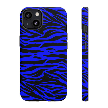Blue wild tiger print phone case cover for iphone galaxy s and pixel phones with vibrant blue and black zebra stripes on back