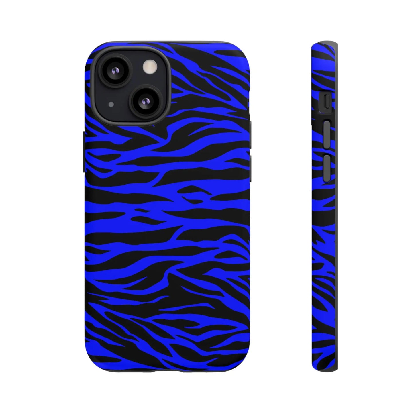 Back side of a sleek protective phone case with a vibrant blue wild tiger print pattern for iphone galaxy s and pixel phones