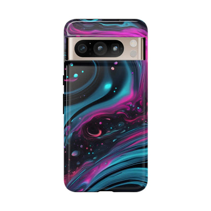 Back of a bold galaxy phone case with vibrant magenta and teal cosmic swirl protective cover for galaxy phone