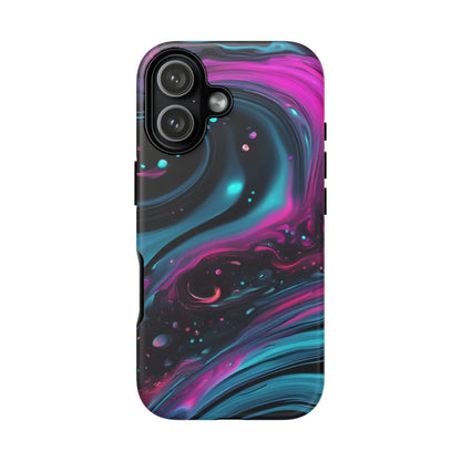 Back of a bold galaxy phone case featuring vibrant magenta and teal cosmic swirl nebula patterns on black background