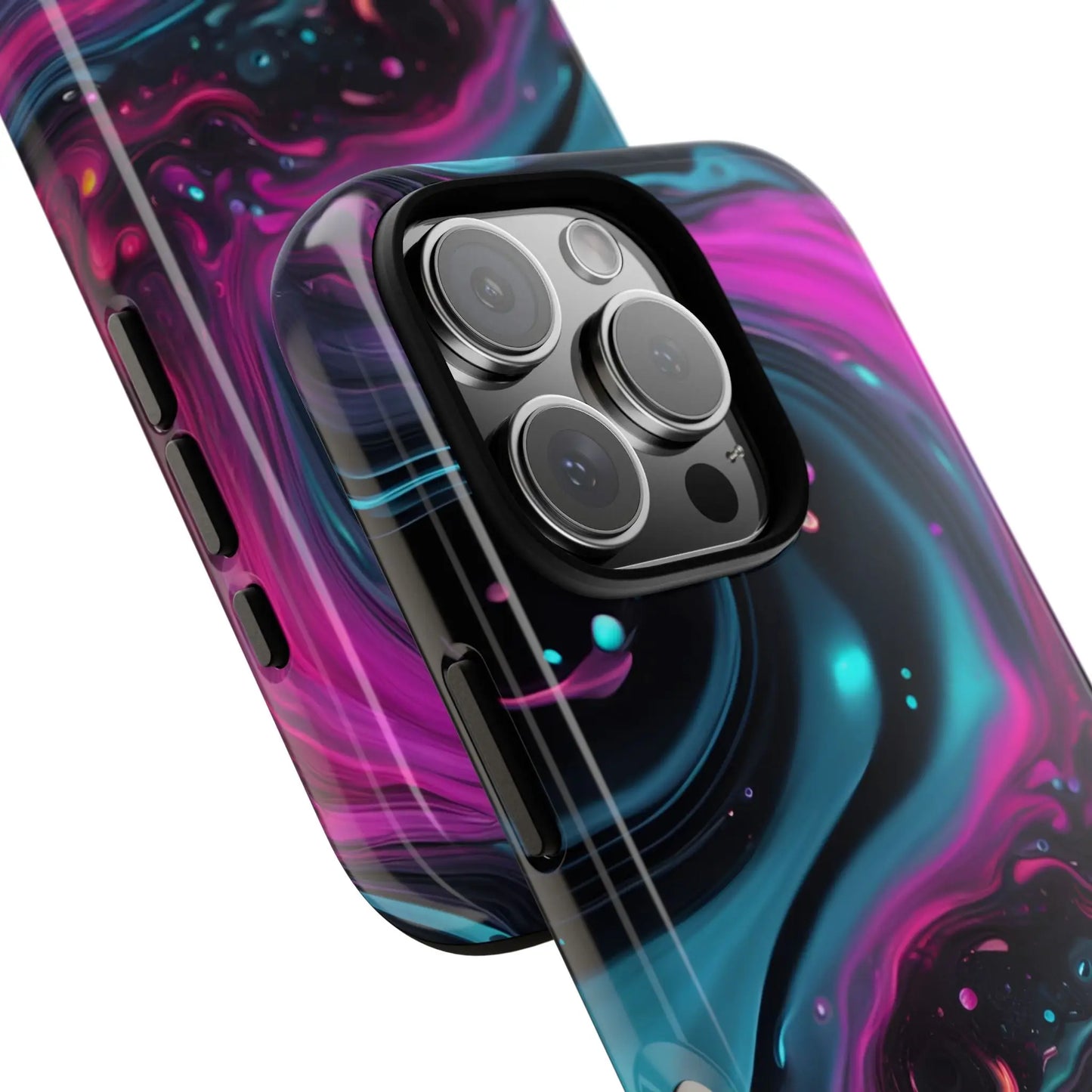 Bold galaxy phone case with vibrant cosmic swirl in deep purples blues and teal glossy finish on back side