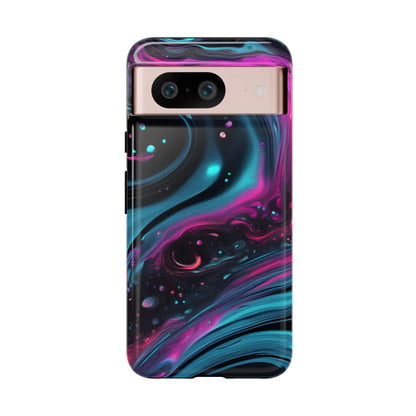 Bold galaxy phone case with vibrant teal magenta and black cosmic swirl design for protective galaxy phone cover