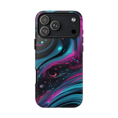 Vibrant bold galaxy phone case with teal magenta and black cosmic swirl design for protective galaxy phone cover back view