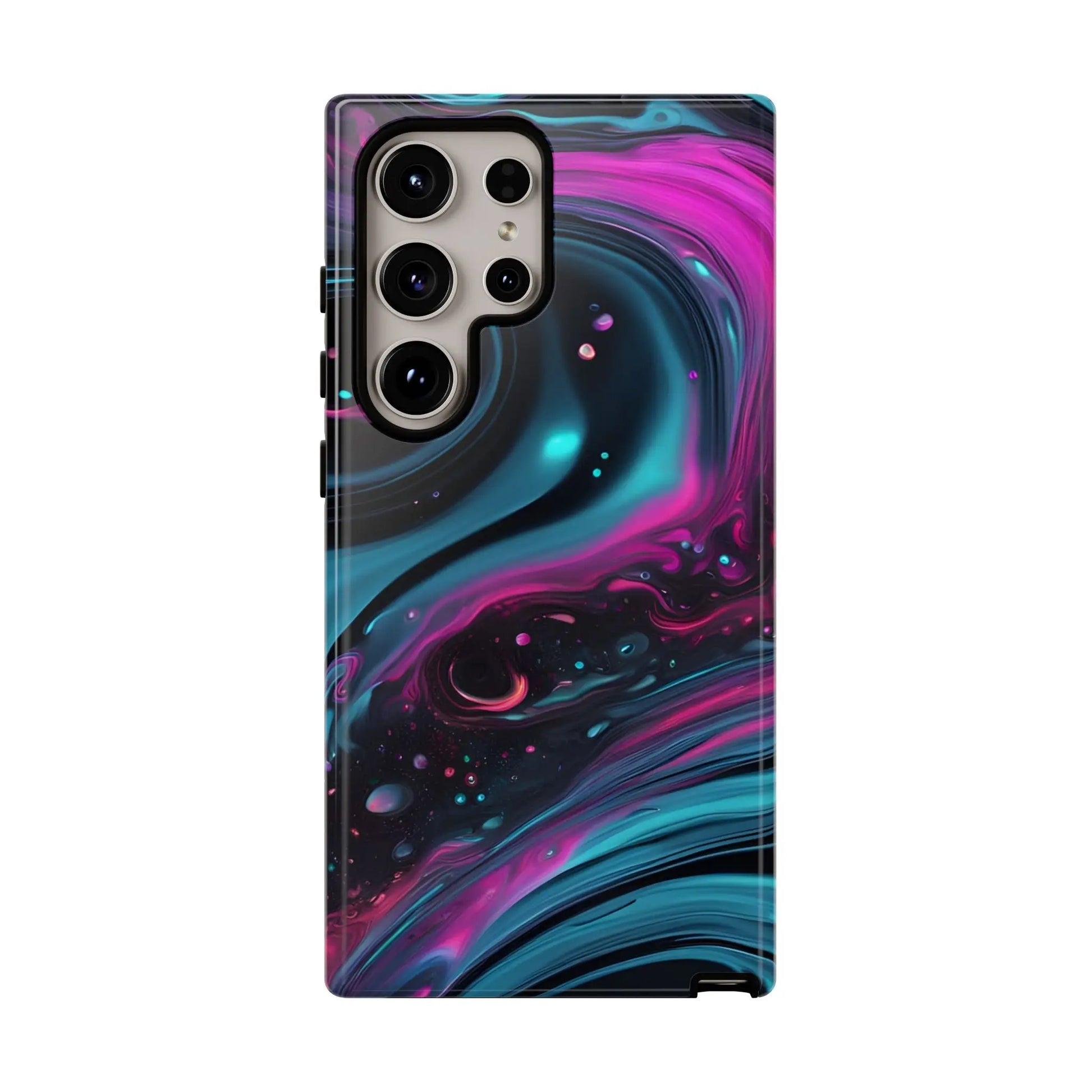 Bold galaxy phone case with vibrant magenta teal and black cosmic swirl design glossy finish protective cover back view