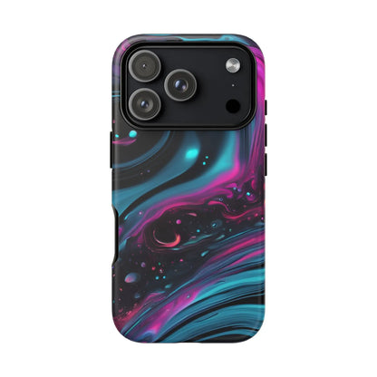 Back side of bold galaxy phone case featuring a vibrant teal magenta and black cosmic swirl design for galaxy phone