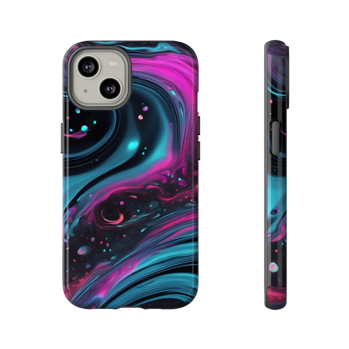 Back side of a bold galaxy phone case with vibrant neon pink teal and black marbled design for galaxy phone protection