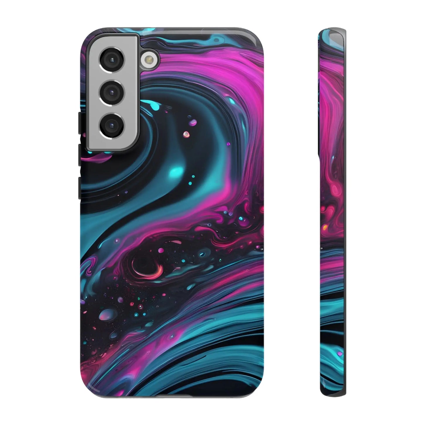 Bold galaxy phone case with vibrant magenta teal black cosmic swirl design in glossy finish back view