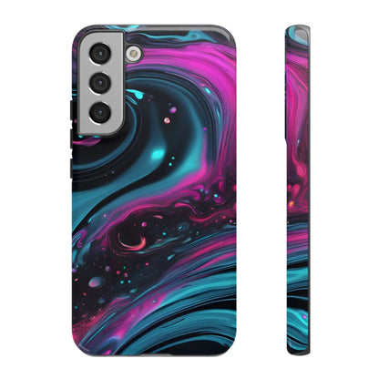 Bold galaxy phone case with vibrant magenta teal black cosmic swirl design in glossy finish back view