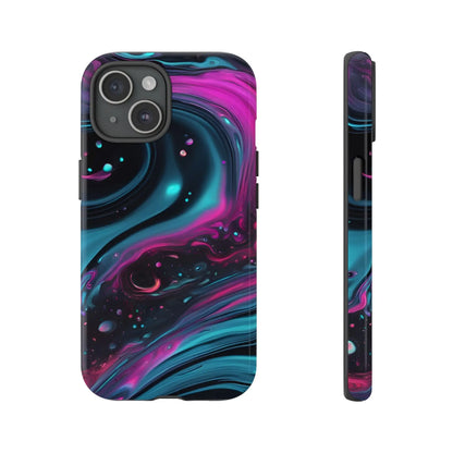 Vibrant bold galaxy phone case showing back with magenta teal and black cosmic swirl abstract patterns for protection