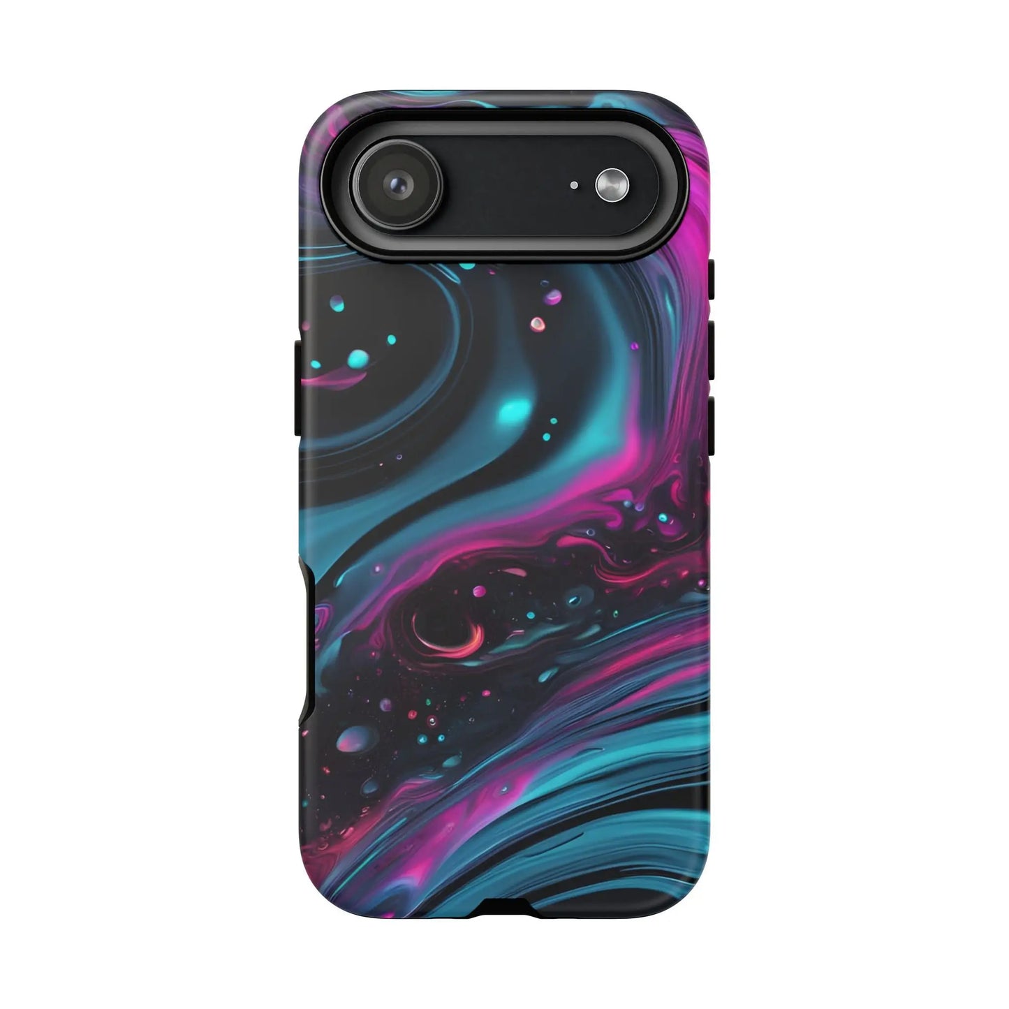 Bold galaxy phone case with vibrant teal magenta and black cosmic swirl design and glossy finish on the back side
