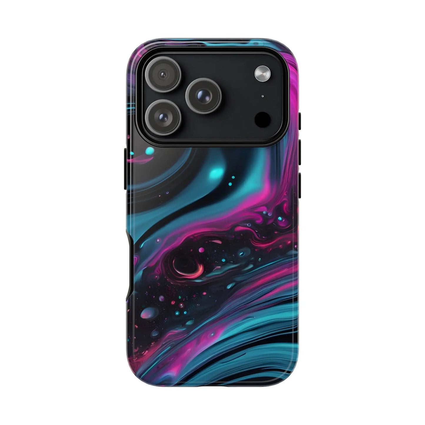 Bold galaxy phone case with vibrant teal and magenta cosmic swirl design and glossy finish for galaxy phone protection