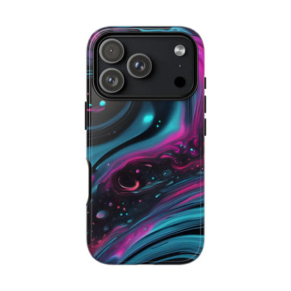 Bold galaxy phone case with vibrant teal and magenta cosmic swirl design and glossy finish for galaxy phone protection