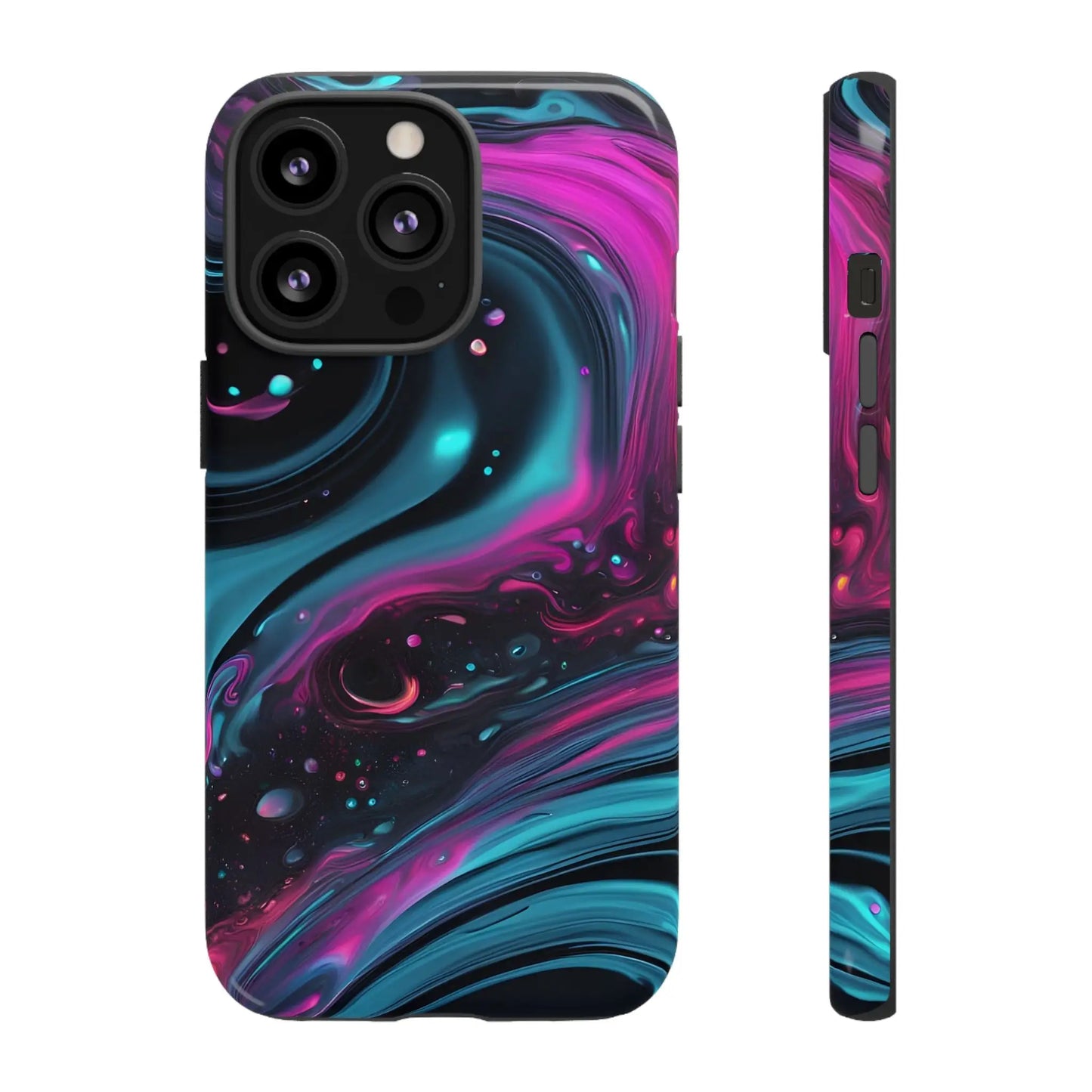 Vibrant bold galaxy phone case with magenta teal and black abstract cosmic swirl design on back side