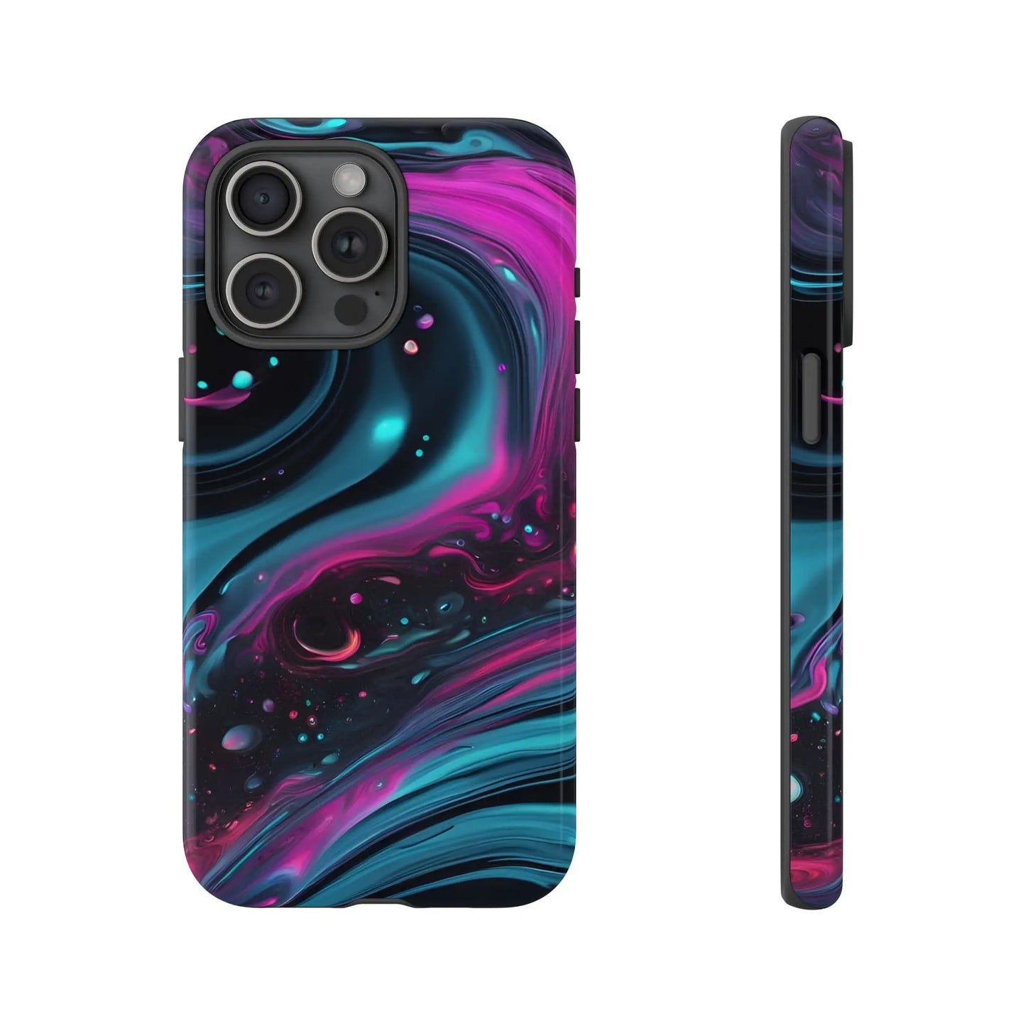 Back side of a bold galaxy phone case with vibrant teal magenta and black cosmic swirl design for galaxy phone