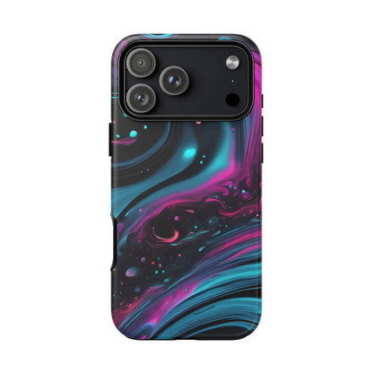 Back side of bold galaxy phone case with vibrant teal and magenta nebula patterns on black protective cover