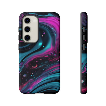 Bold galaxy phone case featuring a vibrant cosmic swirl with magenta and teal nebula patterns on the back side