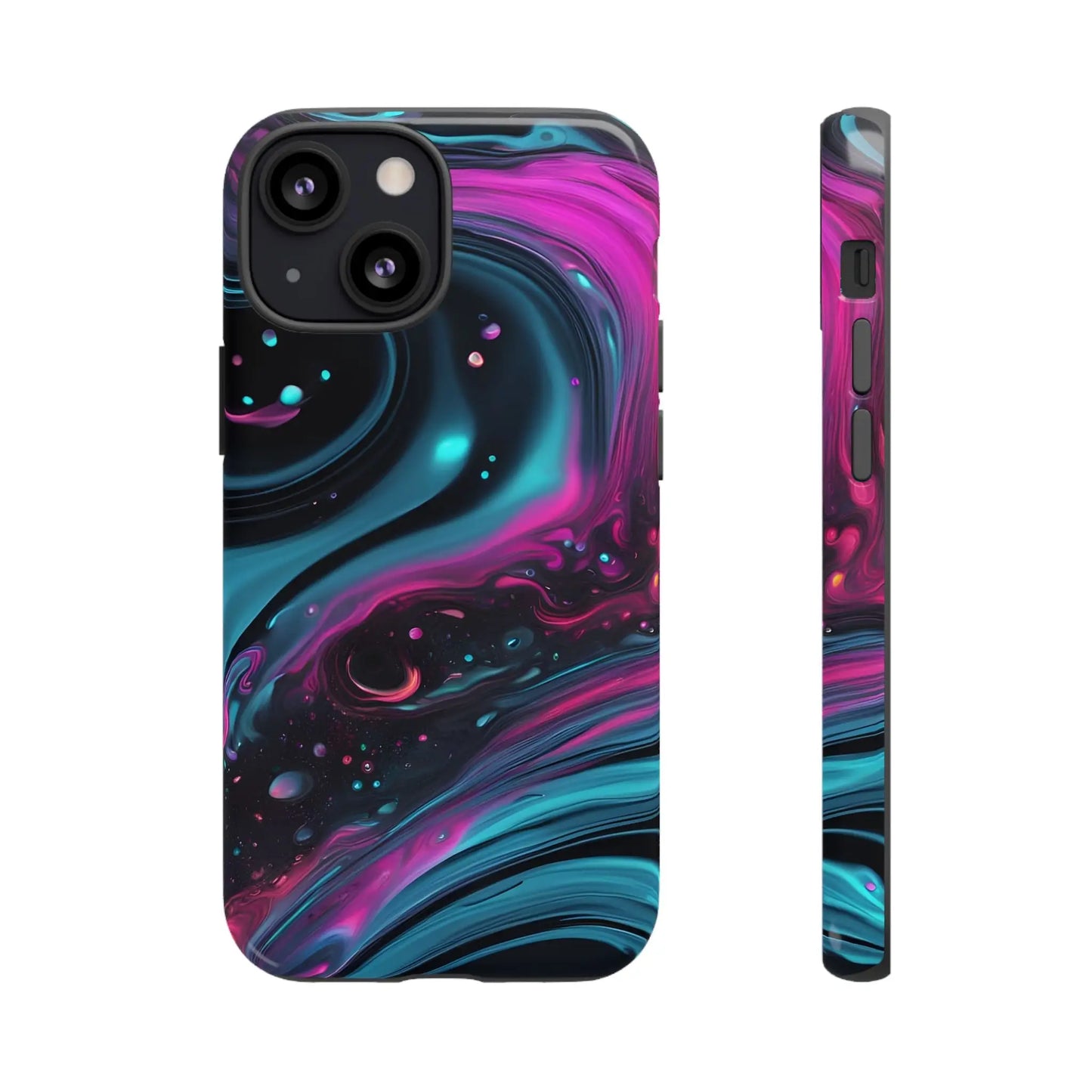 Back side of bold galaxy phone case with vibrant magenta and teal cosmic swirl pattern for protective cover