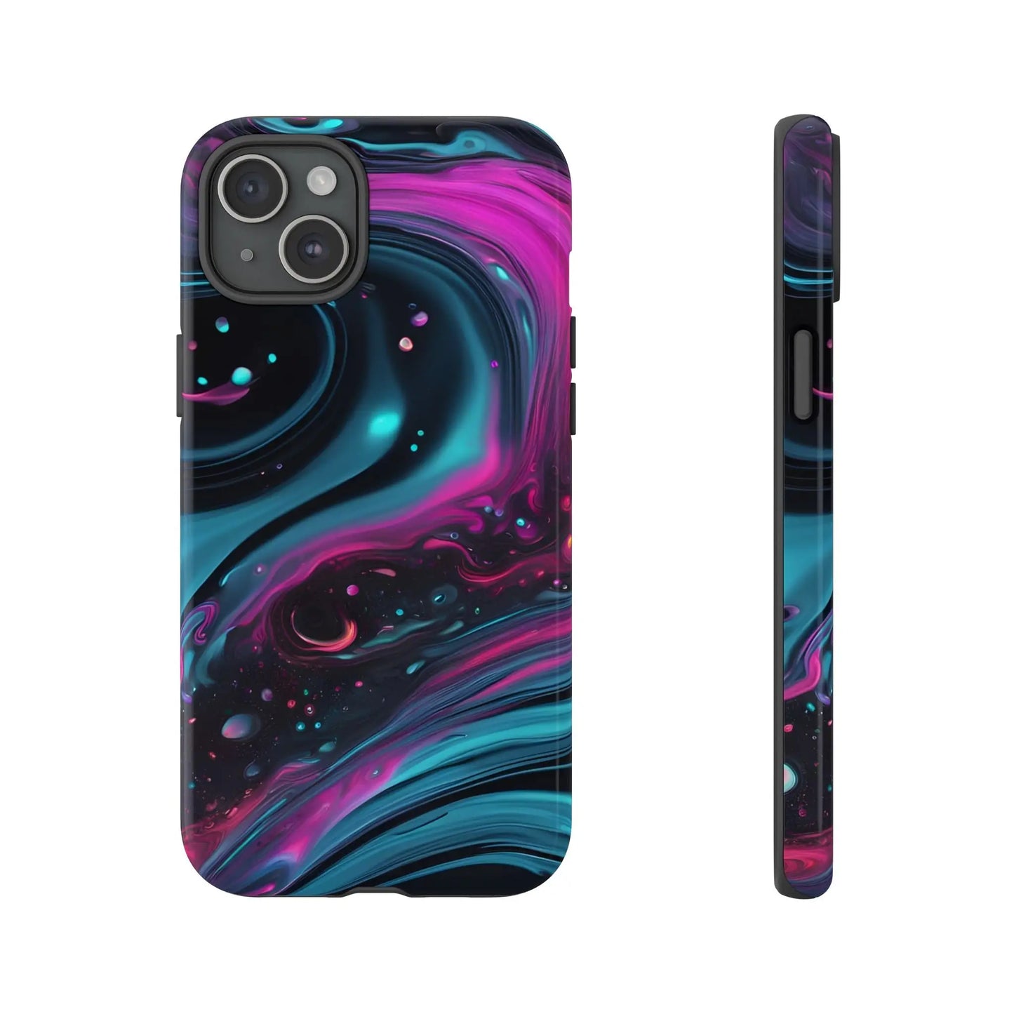 Back of bold galaxy phone case with vibrant magenta teal and black cosmic swirl design for galaxy phone protection