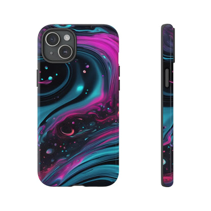 Back of bold galaxy phone case with vibrant magenta teal and black cosmic swirl design for galaxy phone protection