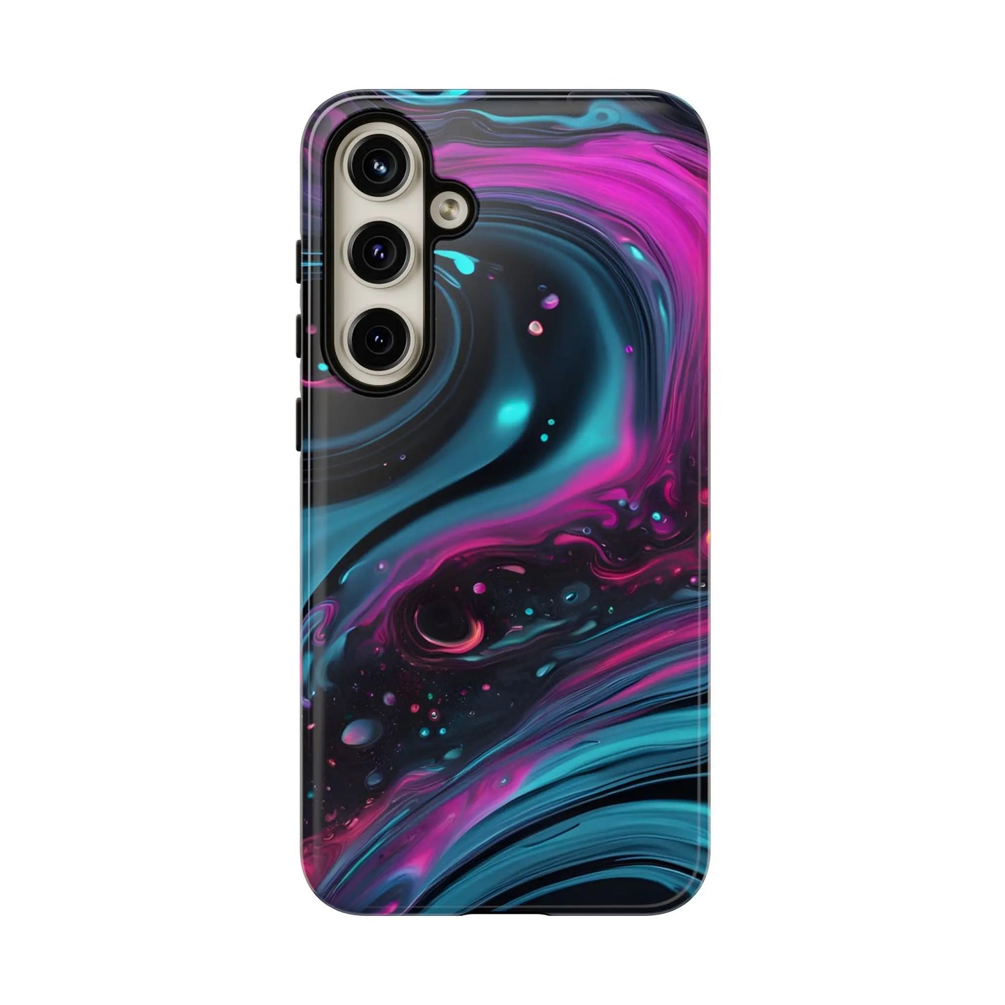 Back side of a bold galaxy phone case featuring vibrant magenta and teal cosmic swirl patterns on a dark background