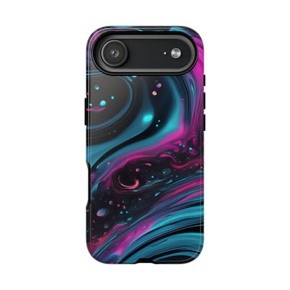 Bold galaxy phone case with vibrant teal magenta and black cosmic swirl design on back for protective cover