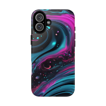 Bold galaxy phone case with vibrant magenta and teal cosmic swirl design on the back for protective cover use