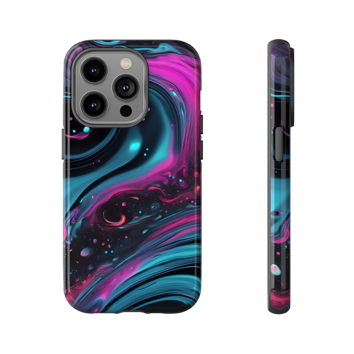 Back side of bold galaxy phone case with vibrant magenta and teal cosmic swirl patterns on protective cover