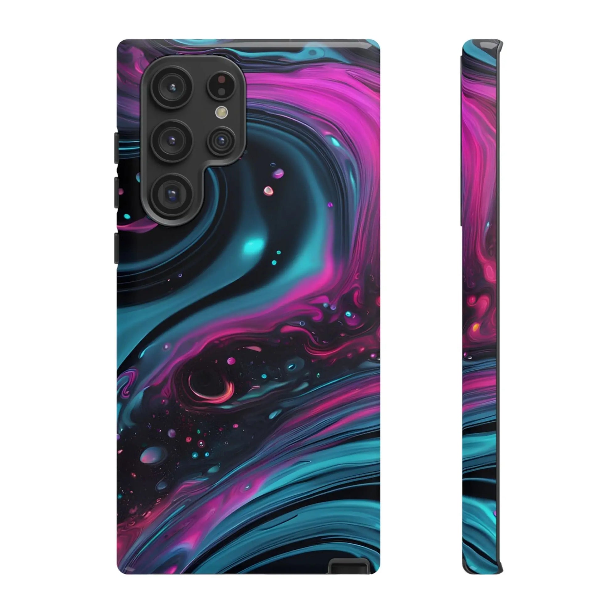 Bold galaxy phone case in glossy finish with vibrant magenta and teal nebula patterns shown from the back side