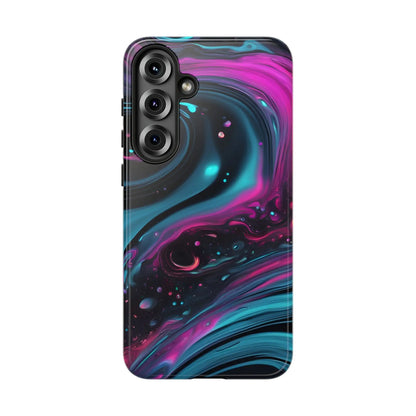 Vibrant bold galaxy phone case with flowing magenta and teal cosmic swirl patterns on the back for protective cover