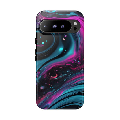 Back of bold galaxy phone case with vibrant magenta and teal nebula swirl design for protective galaxy phone use