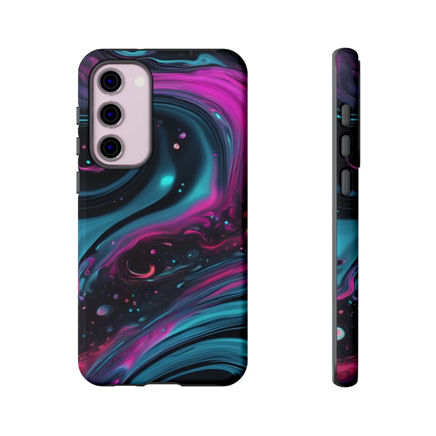 Bold galaxy phone case with vibrant magenta teal and black cosmic swirl design shown from the back side