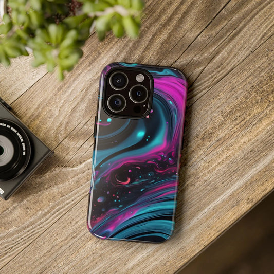 Back view of bold galaxy phone case with vibrant magenta teal black abstract design for galaxy phone protection