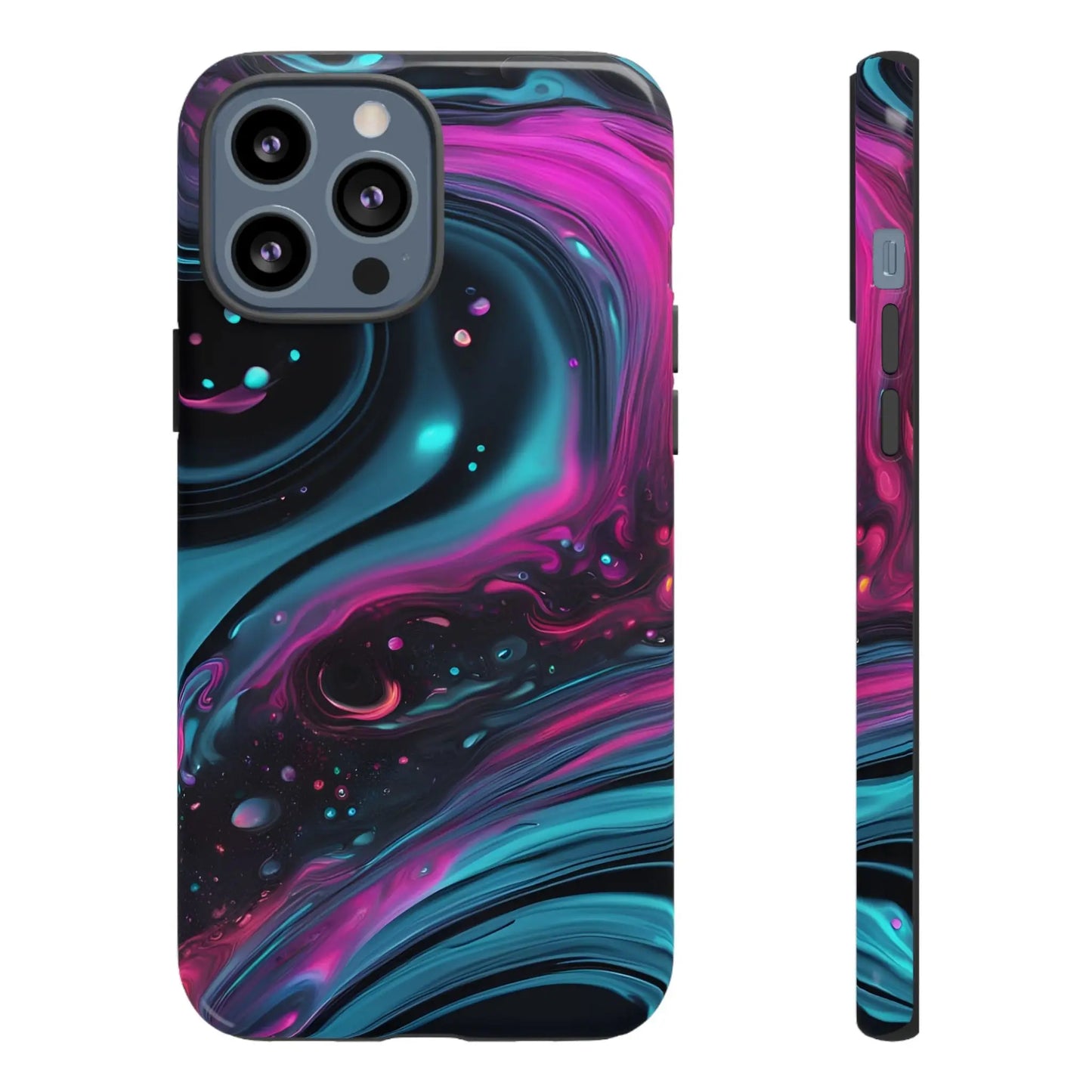 Bold galaxy phone case showing the back with vibrant magenta teal and black cosmic swirl design for galaxy phone