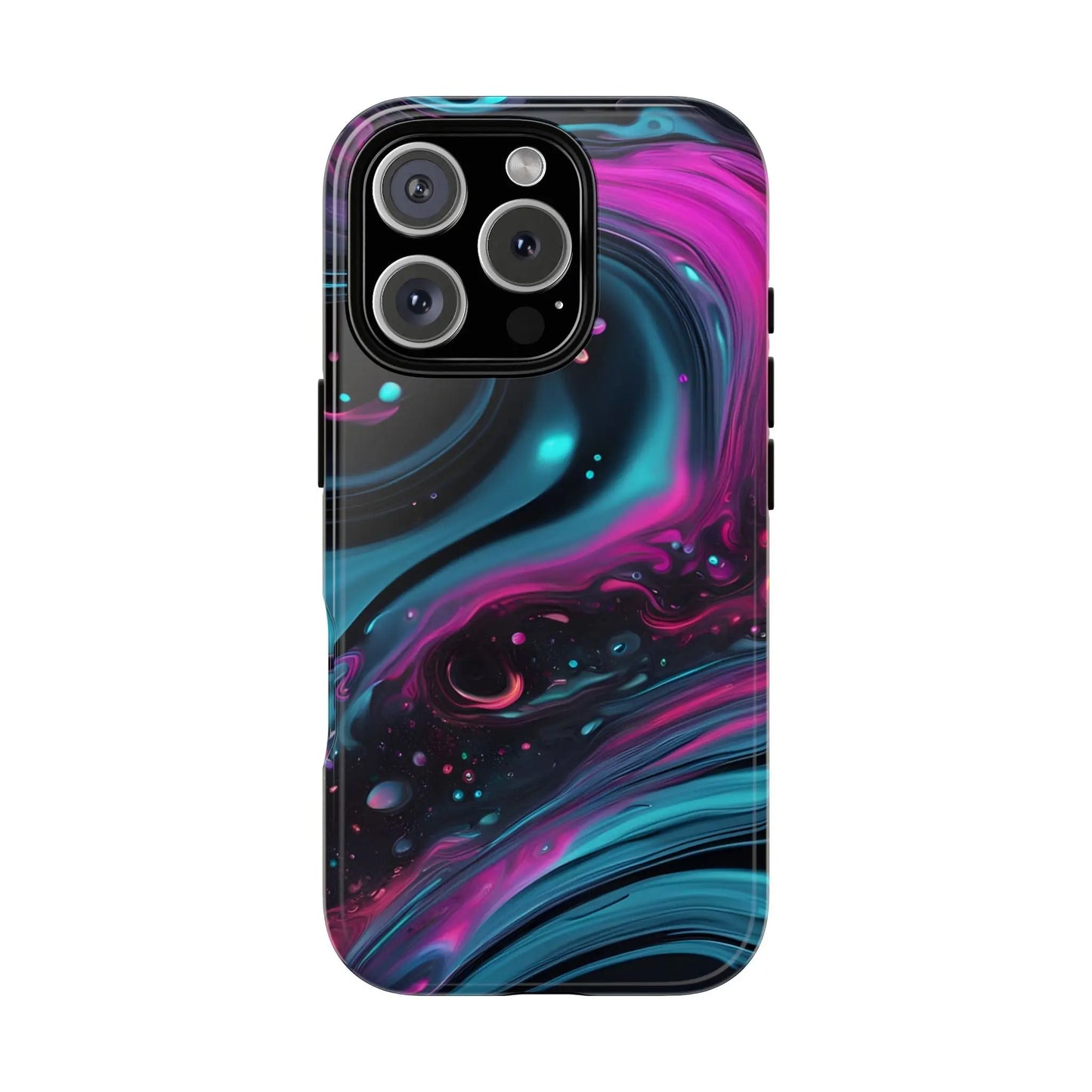 Back of a bold galaxy phone case with vibrant magenta and teal nebula patterns for a protective galaxy phone cover