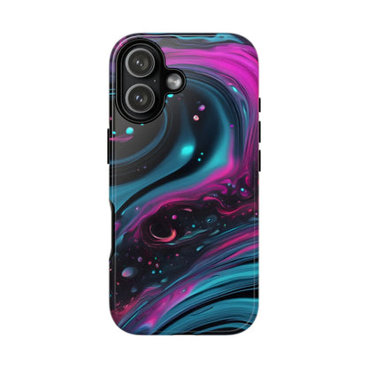 Glossy black teal and magenta bold galaxy phone case with vibrant cosmic swirl design on the back side