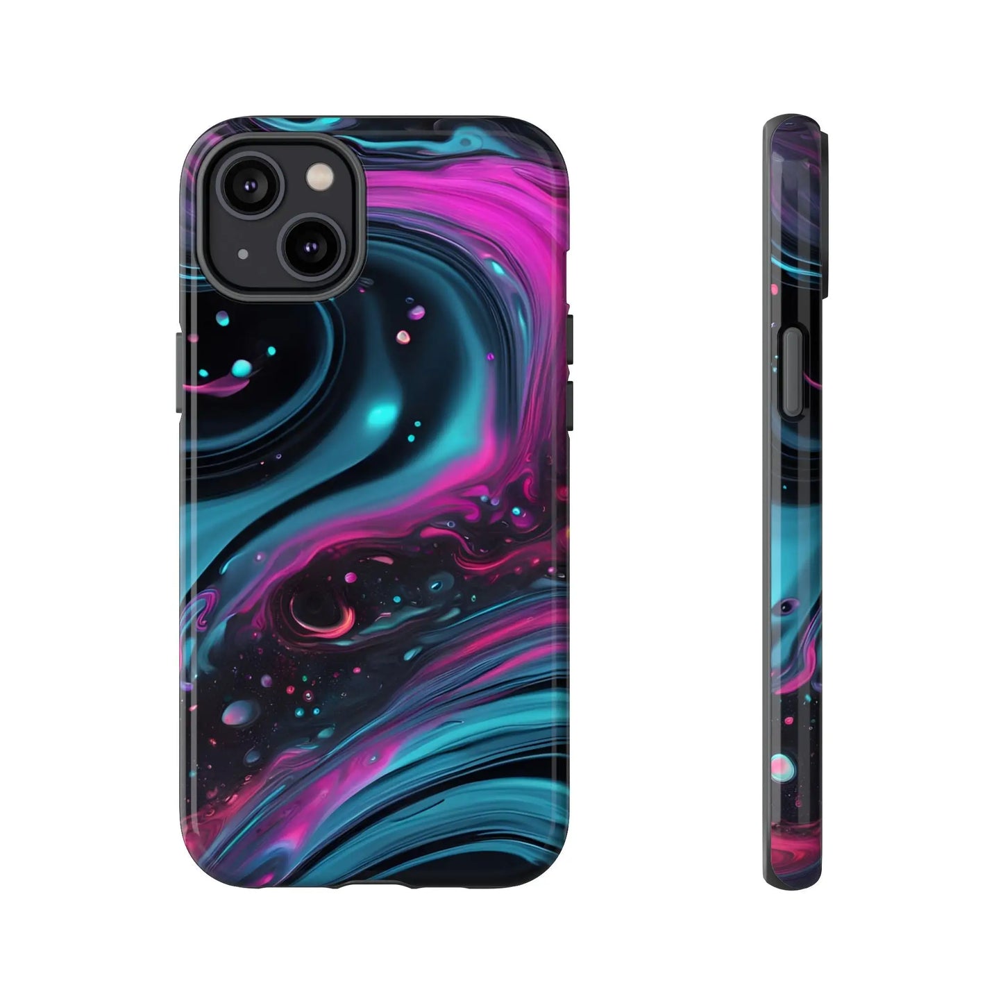 Back side of a bold galaxy phone case with vibrant magenta and teal nebula patterns on black for galaxy phone protection
