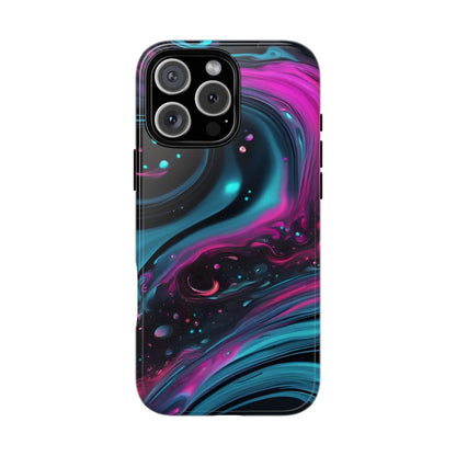 Bold galaxy phone case showing vibrant magenta and teal cosmic swirl nebula patterns on black back cover