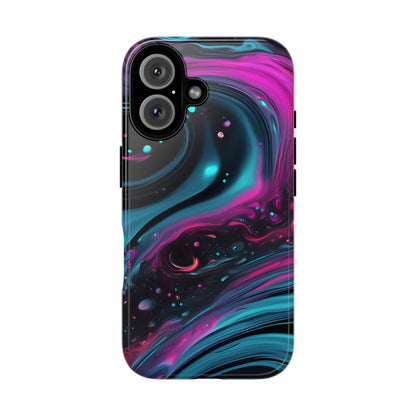 Glossy bold galaxy phone case with vibrant magenta teal and black cosmic swirl design on the back side