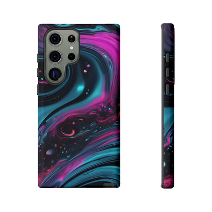 Back of bold galaxy phone case with vibrant magenta teal and black cosmic swirl design for galaxy phone protection